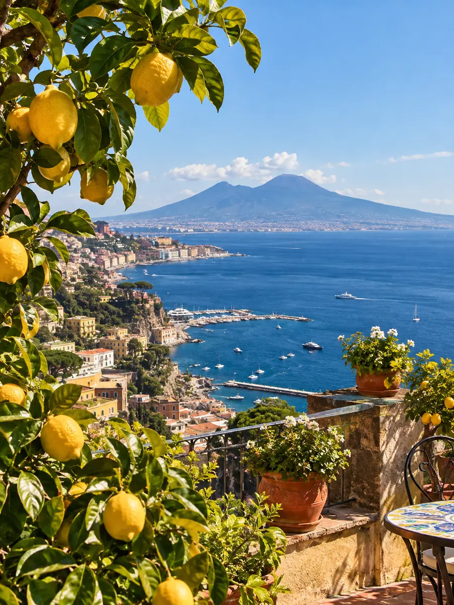 Lemon trees on a Sorrento terrace looking across the Bay of Naples to Mount Vesuvius