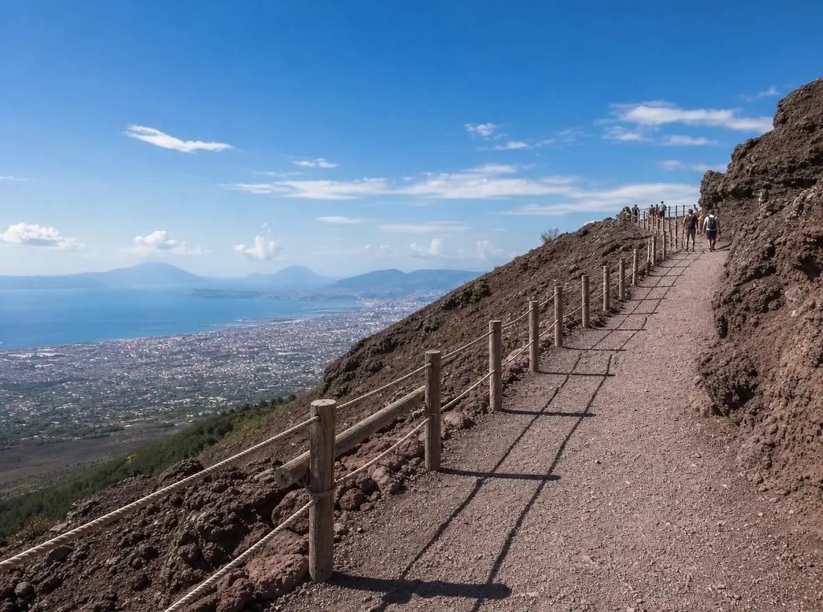The gravel path climbing the side of Vesuvius toward the crater rim, with a wooden fence