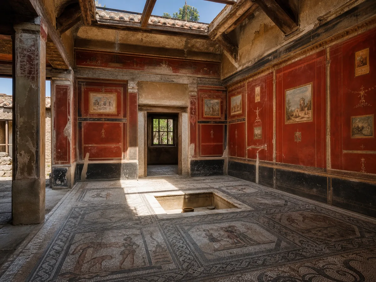 A room in a Roman house in Pompeii with red frescoed walls and a mosaic floor
