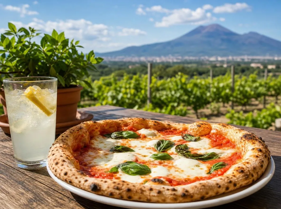 A Neapolitan margherita pizza on an outdoor table with vineyards and Vesuvius behind
